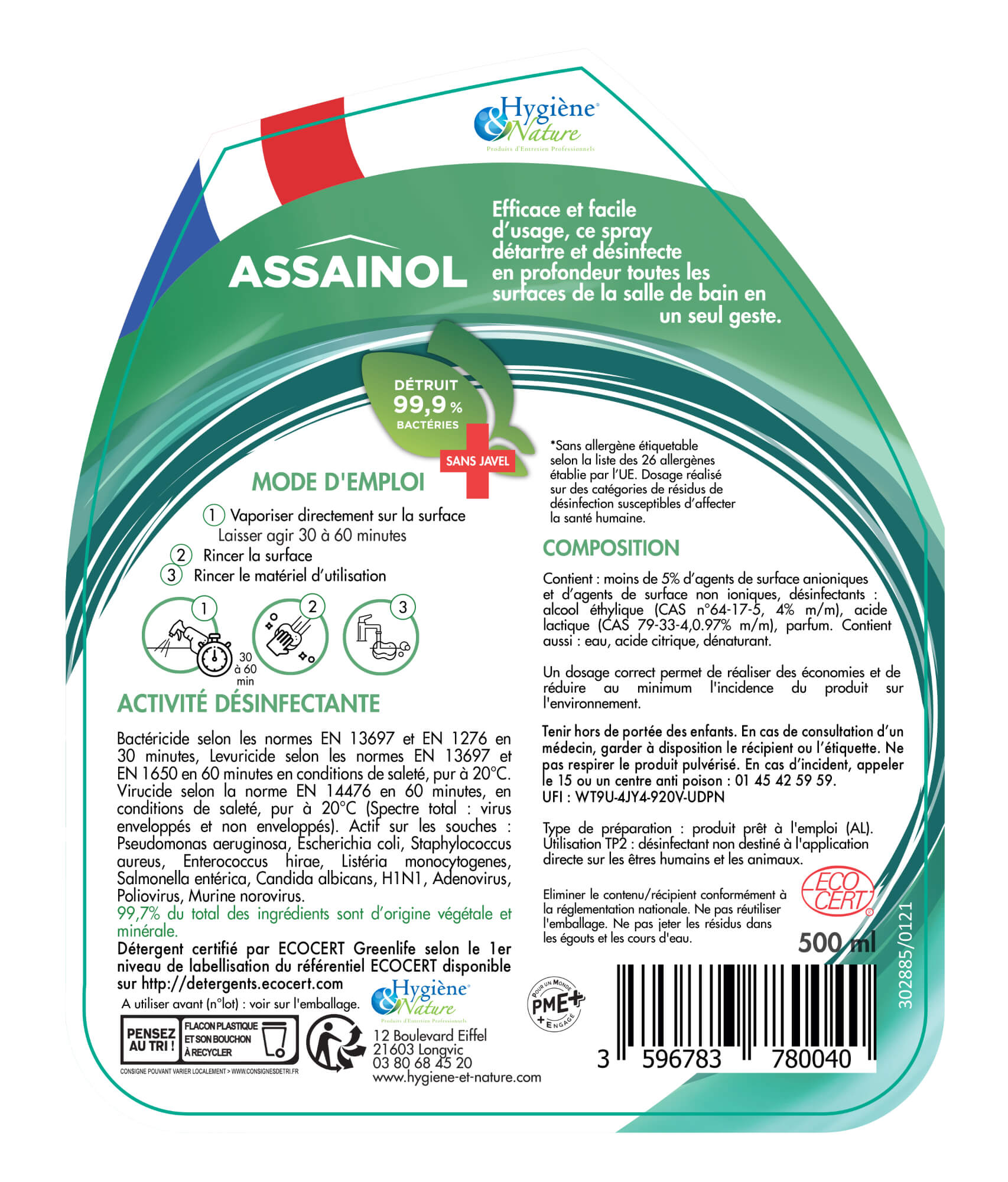 Assainol – Nettoyant Désinfectant d'origine végétale ECOCERT – Sols et  Surfaces – Eucalyptus – 1L - Produit d'Entretien Français